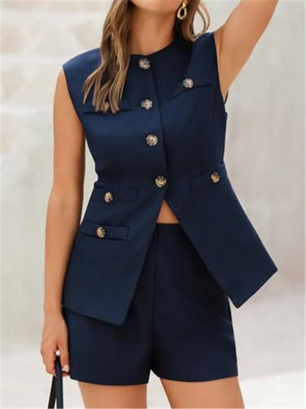Women's 2 Piece Outfit Casual Suit Set Sleeveless Button Down Blazer Vest Short - Picture 3 of 5
